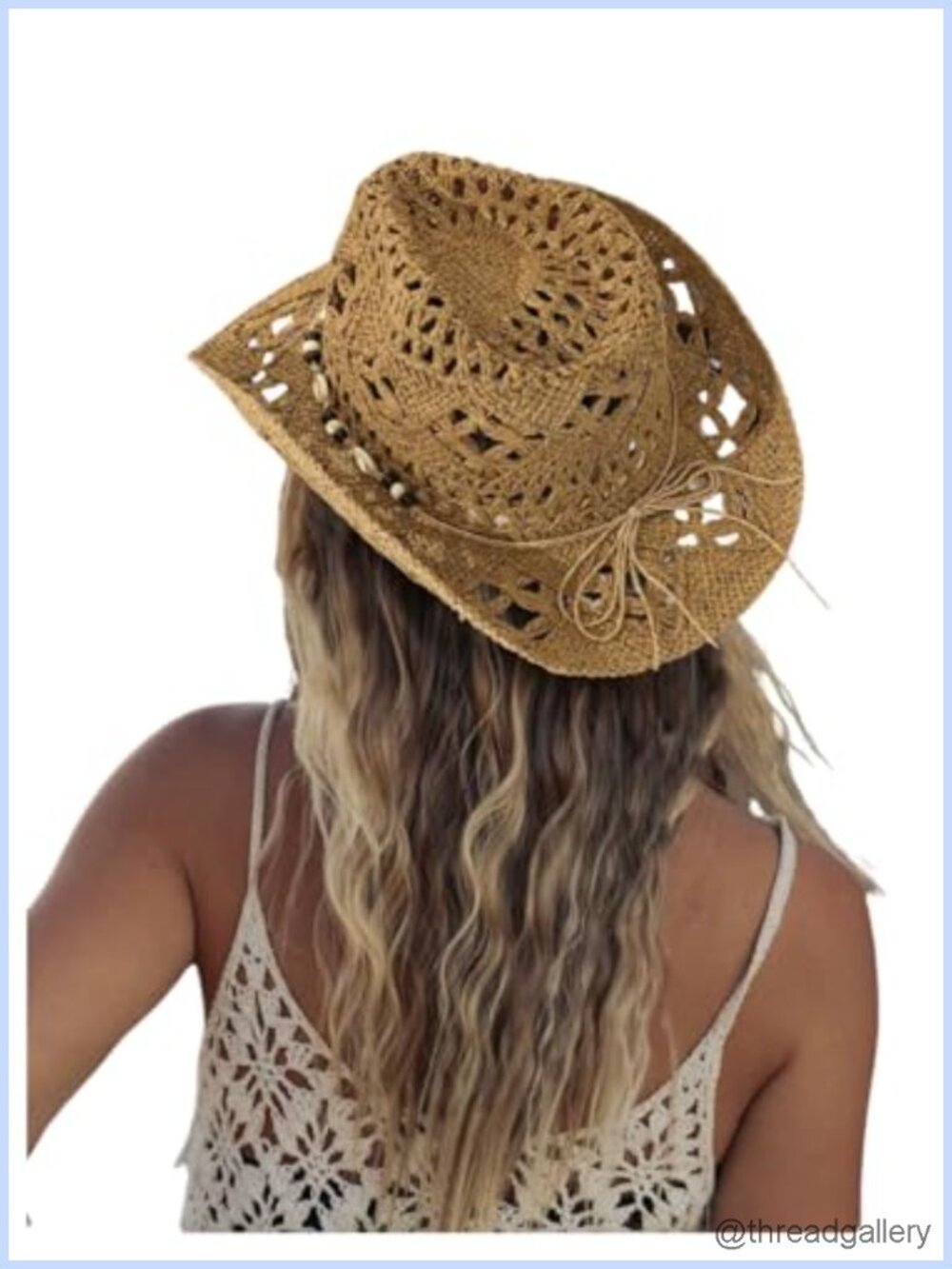 Straw Cowboy Hat Beaded Wide Brim Sun Beach Western Cowgirl